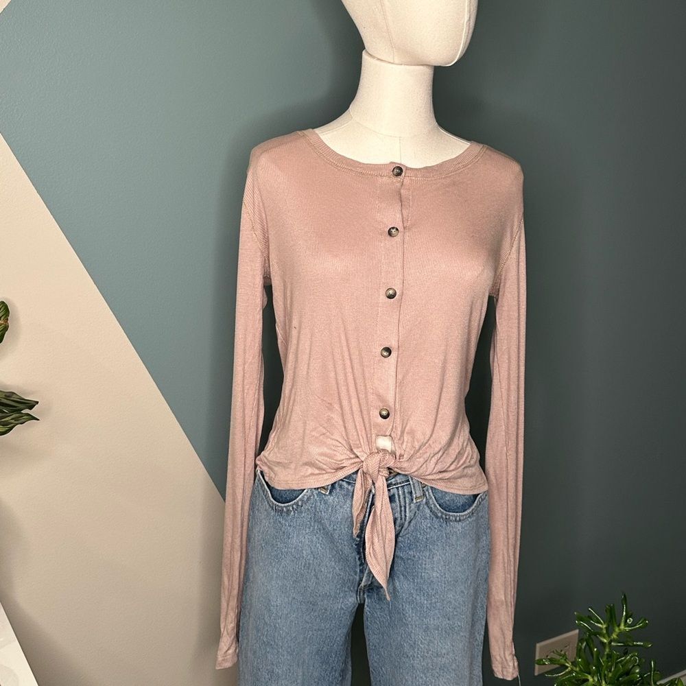 Project Social T Ribbed Knit Button Front Tie Hem Long Sleeve Top NWOT XS